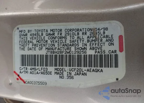 1998 Lexus Ls 400 из США, поврежденный, VIN JT8BH28F2W0129256